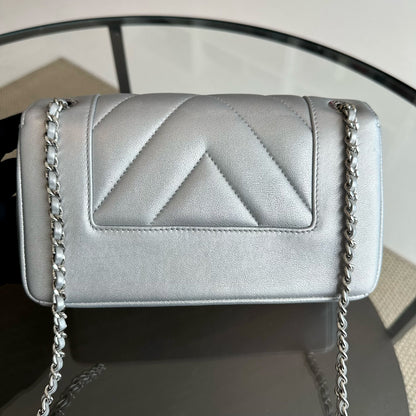 *Full Set, Receipt* Mademoiselle Small Seasonal Double Flap Calfskin Quilted Silver No 24