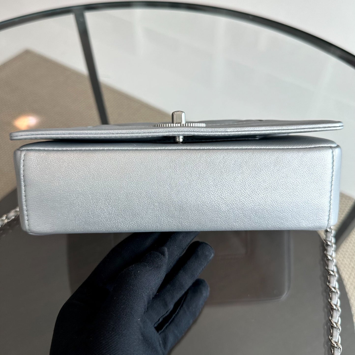 *Full Set, Receipt* Mademoiselle Small Seasonal Double Flap Calfskin Quilted Silver No 24