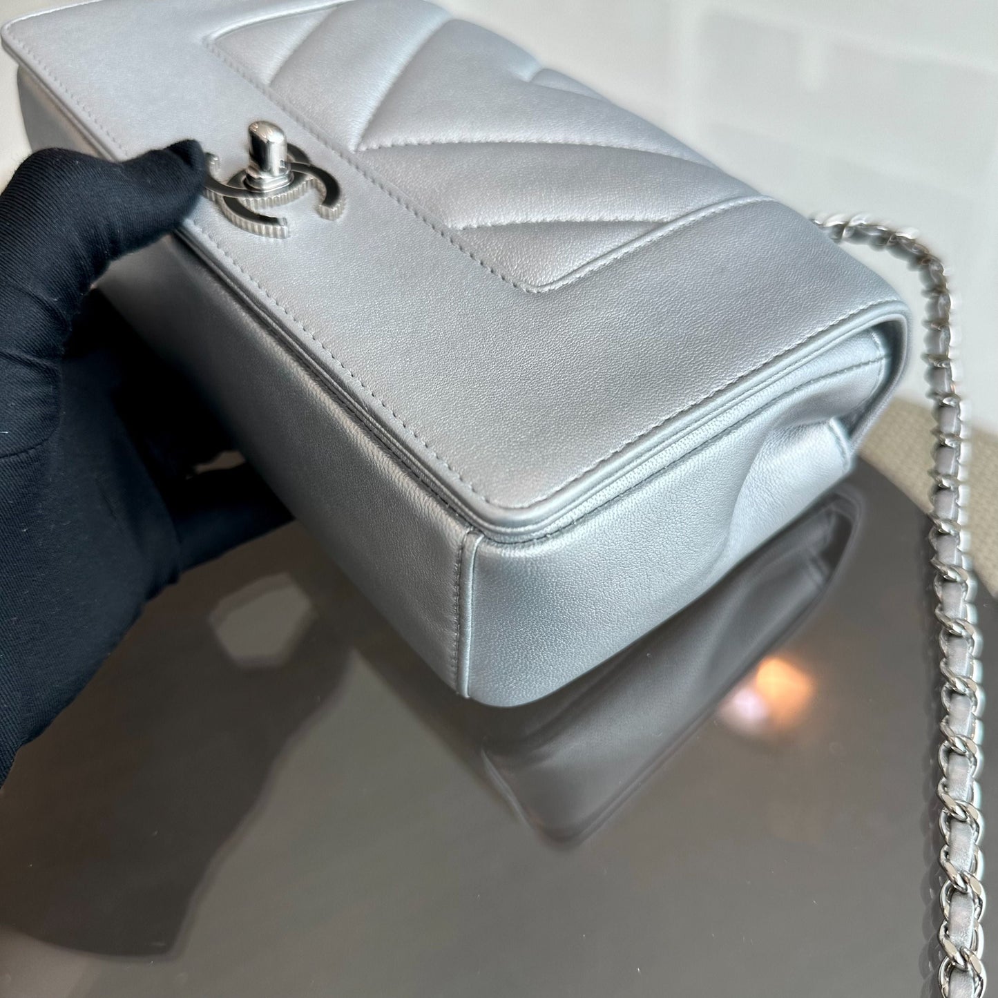 *Full Set, Receipt* Mademoiselle Small Seasonal Double Flap Calfskin Quilted Silver No 24