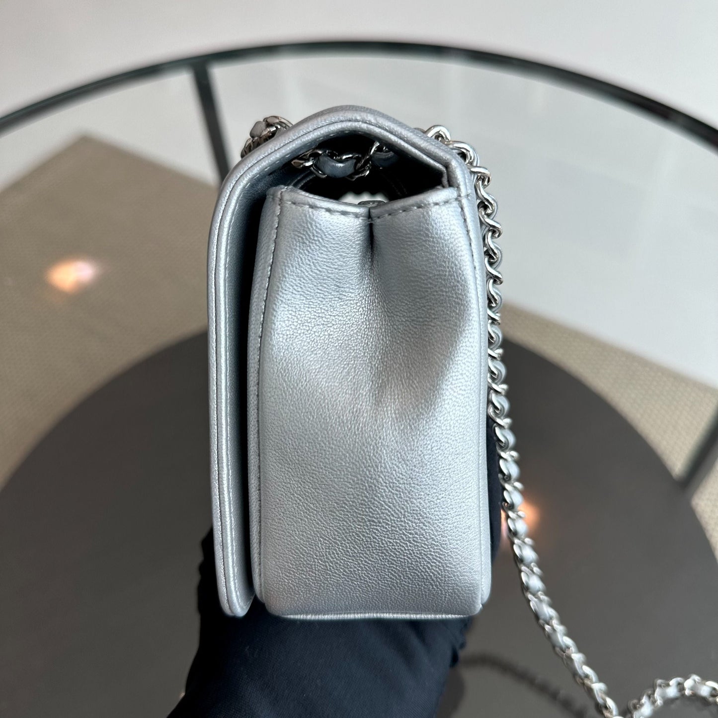 *Full Set, Receipt* Mademoiselle Small Seasonal Double Flap Calfskin Quilted Silver No 24