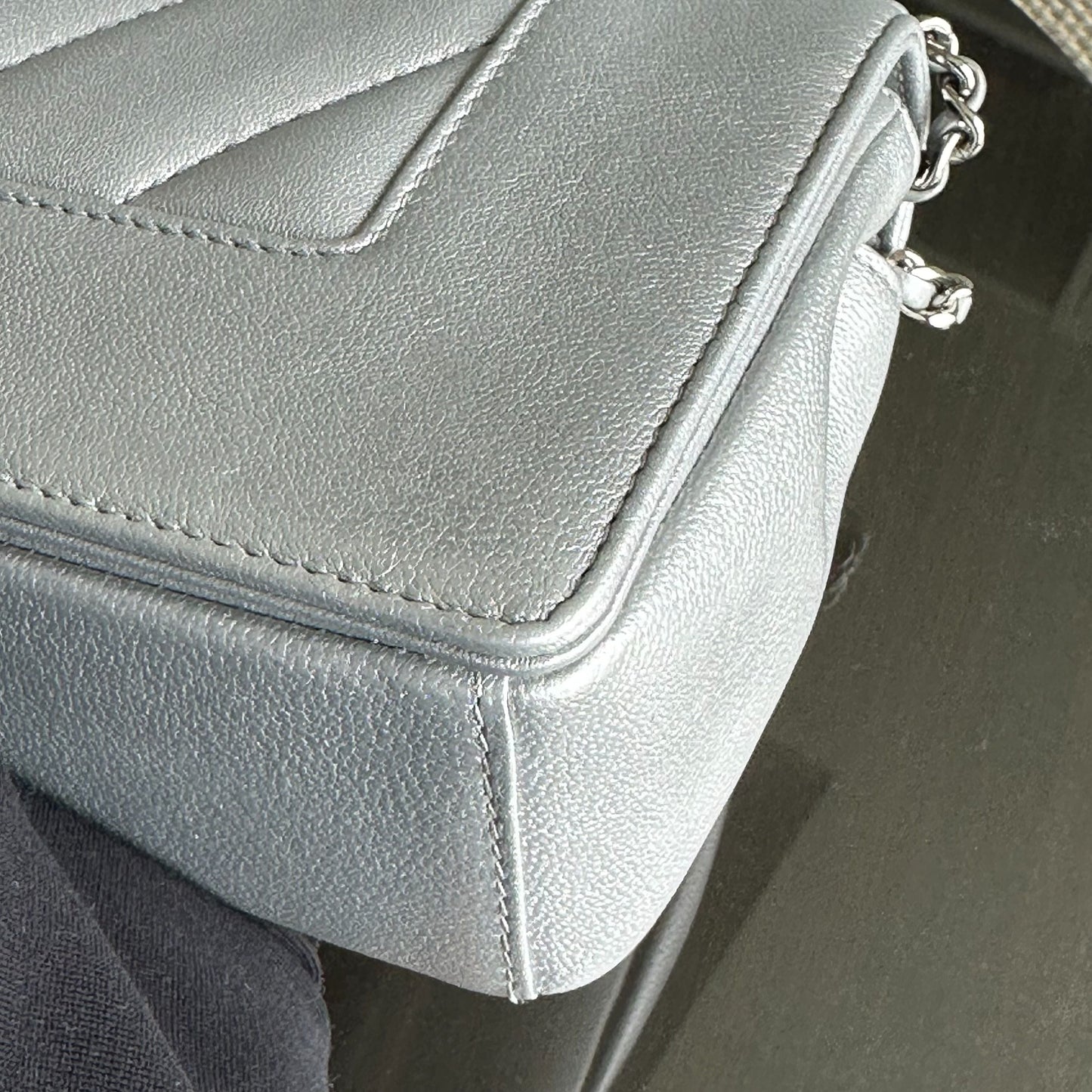 *Full Set, Receipt* Mademoiselle Small Seasonal Double Flap Chevron Calfskin Silver No 24