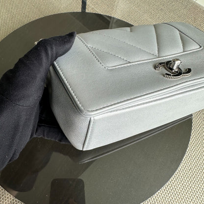 *Full Set, Receipt* Mademoiselle Small Seasonal Double Flap Chevron Calfskin Silver No 24