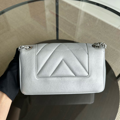 *Full Set, Receipt* Mademoiselle Small Seasonal Double Flap Chevron Calfskin Silver No 24