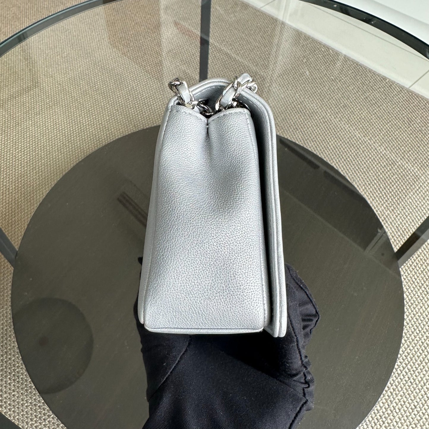 *Full Set, Receipt* Mademoiselle Small Seasonal Double Flap Chevron Calfskin Silver No 24