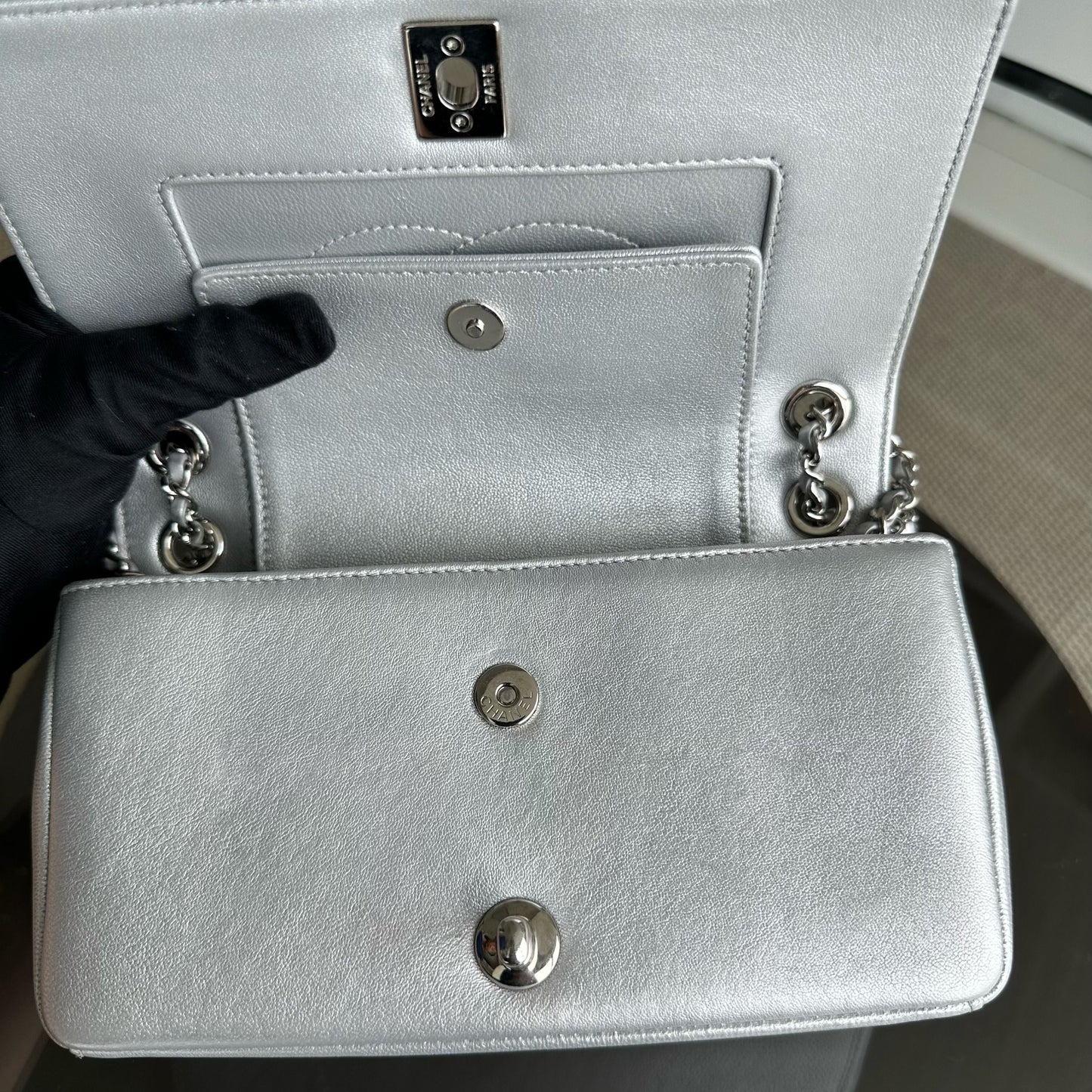 *Full Set, Receipt* Mademoiselle Small Seasonal Double Flap Chevron Calfskin Silver No 24