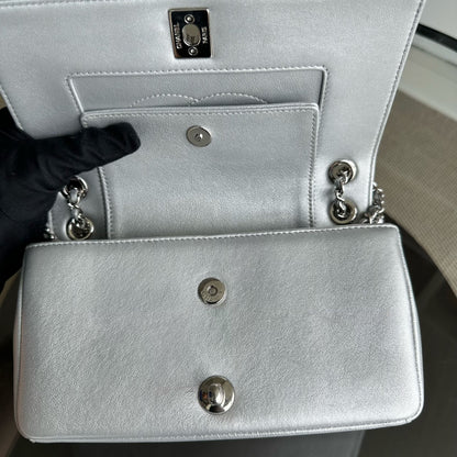 *Full Set, Receipt* Mademoiselle Small Seasonal Double Flap Chevron Calfskin Silver No 24