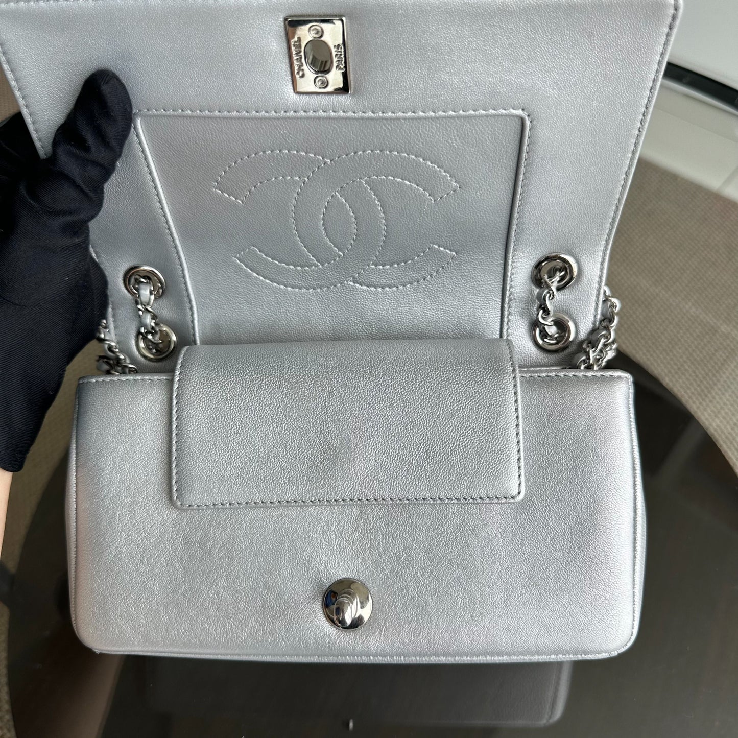*Full Set, Receipt* Mademoiselle Small Seasonal Double Flap Chevron Calfskin Silver No 24