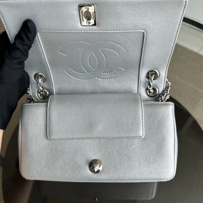 *Full Set, Receipt* Mademoiselle Small Seasonal Double Flap Chevron Calfskin Silver No 24