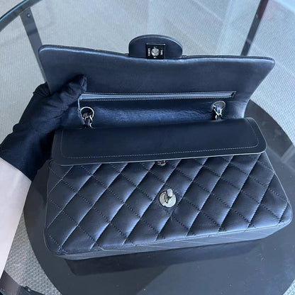 *Full Set, Receipt* Medium Double Flap 25CM Quilted Lambskin Dark Grey Gray Silver Hardware Series 16