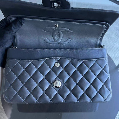 *Full Set, Receipt* Medium Double Flap 25CM Quilted Lambskin Dark Grey Gray Silver Hardware Series 16