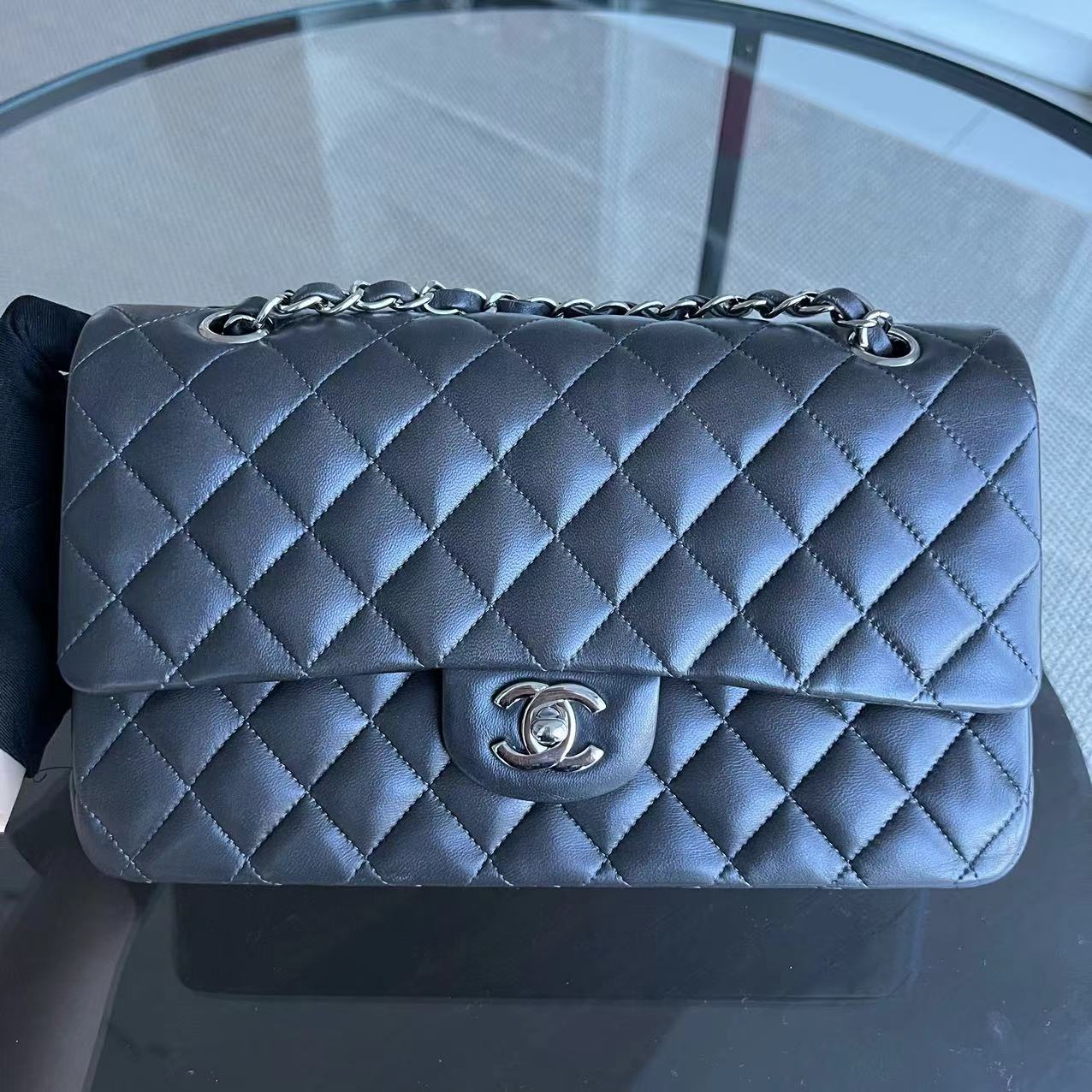 *Full Set, Receipt* Medium Double Flap 25CM Quilted Lambskin Dark Grey Gray Silver Hardware Series 16