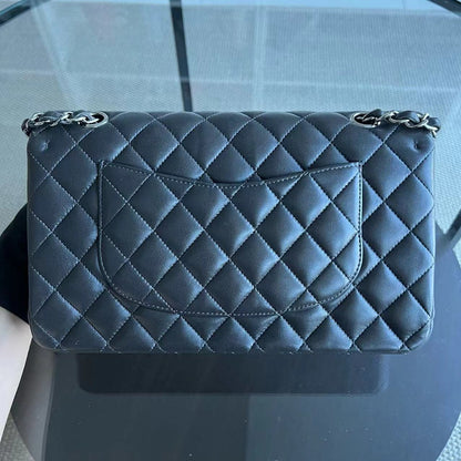 *Full Set, Receipt* Medium Double Flap 25CM Quilted Lambskin Dark Grey Gray Silver Hardware Series 16