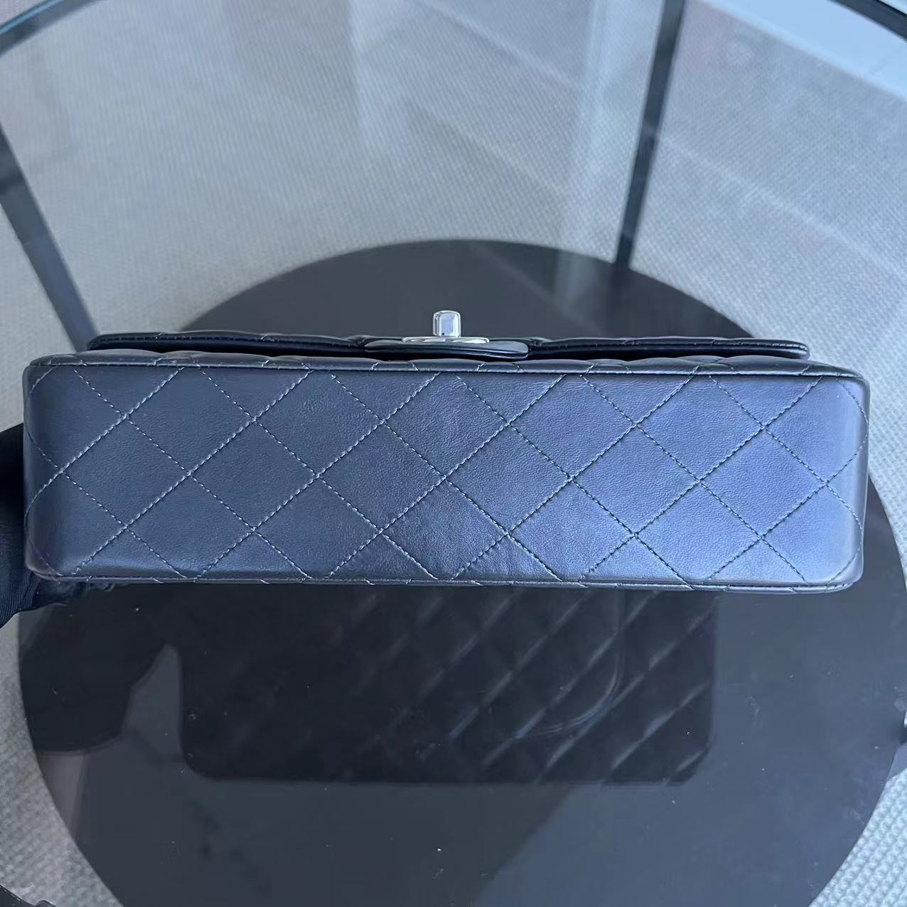 *Full Set, Receipt* Medium Double Flap 25CM Quilted Lambskin Dark Grey Gray Silver Hardware Series 16