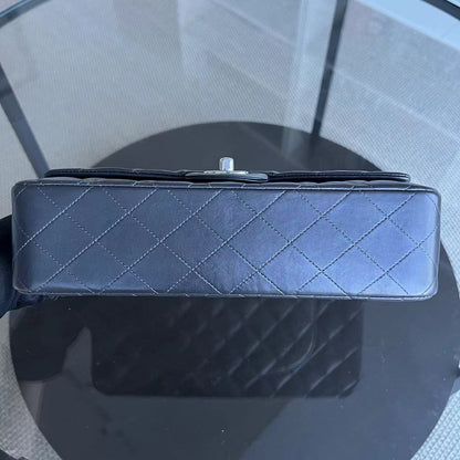 *Full Set, Receipt* Medium Double Flap 25CM Quilted Lambskin Dark Grey Gray Silver Hardware Series 16