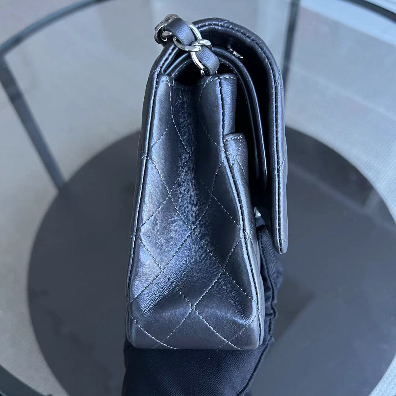 *Full Set, Receipt* Medium Double Flap 25CM Quilted Lambskin Dark Grey Gray Silver Hardware Series 16