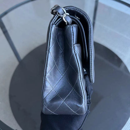 *Full Set, Receipt* Medium Double Flap 25CM Quilted Lambskin Dark Grey Gray Silver Hardware Series 16