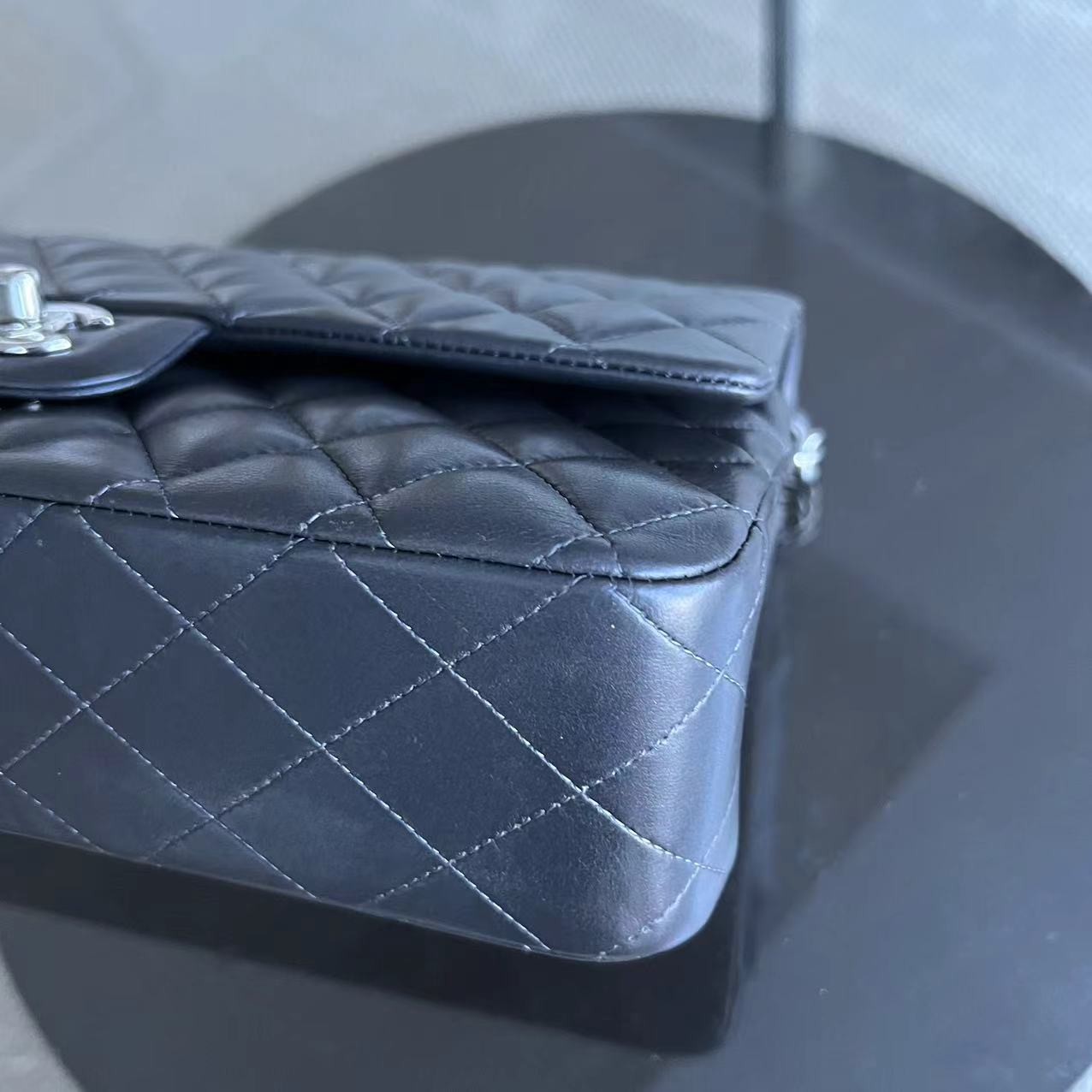 *Full Set, Receipt* Medium Double Flap 25CM Quilted Lambskin Dark Grey Gray Silver Hardware Series 16
