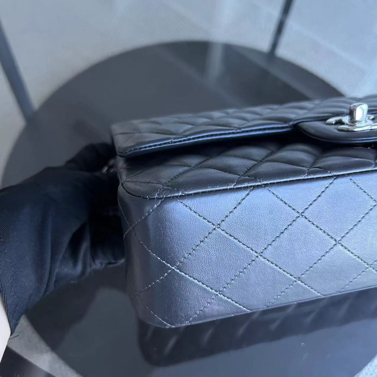 *Full Set, Receipt* Medium Double Flap 25CM Quilted Lambskin Dark Grey Gray Silver Hardware Series 16