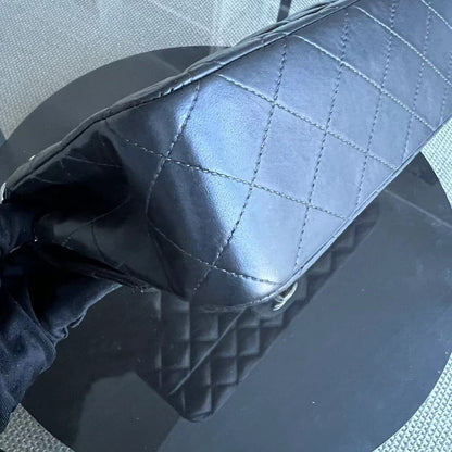 *Full Set, Receipt* Medium Double Flap 25CM Quilted Lambskin Dark Grey Gray Silver Hardware Series 16