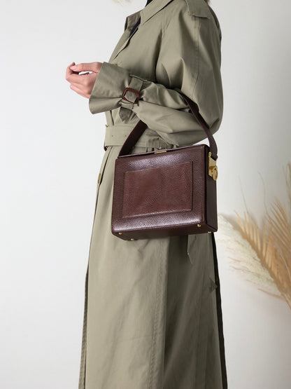 CELINE Gancini Logo Motif Square Leather Handbag Brown Vintage e8kt7d