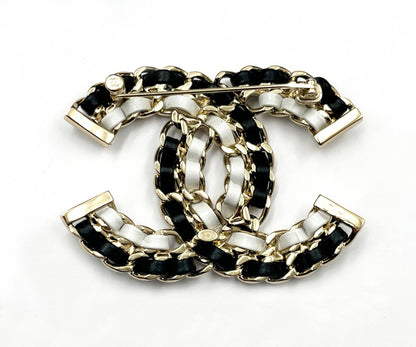 Chanel Brand New Gold CC Black White Leather Chain Large Brooch