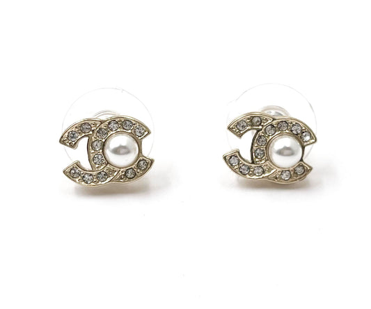 Chanel Brand New Gold CC Center Pearl Small Piercing Earrings