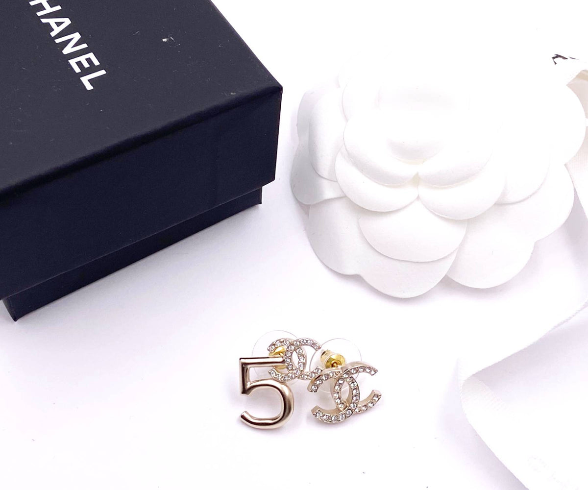 Chanel Brand New Gold CC Crystal  Asymmetrical Piercing Earrings