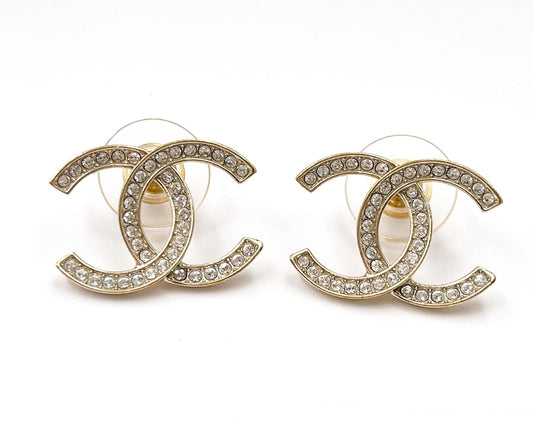 Chanel Classic Gold CC Thin Crystal Large Piercing Earrings