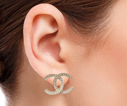 Chanel Classic Gold CC Thin Crystal Large Piercing Earrings