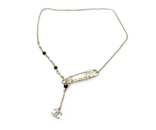 Chanel Brand New Rare Light Gold Safety Pin Pearl Necklace