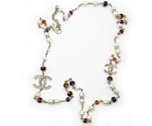 Chanel Brand New Gold Scratchy CC Blue Red Bead Pearl Long Necklace