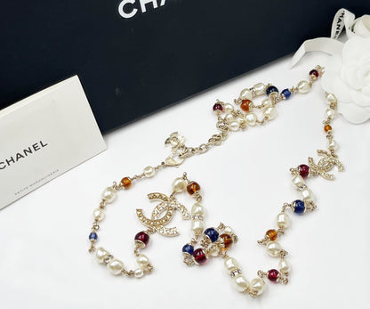 Chanel Brand New Gold Scratchy CC Blue Red Bead Pearl Long Necklace