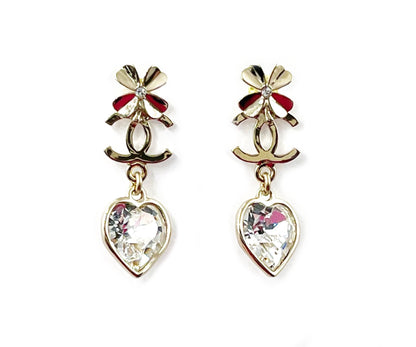 Chanel Brand New Gold CC Clover CC Heart Crystal Dangle Piercing Earrings