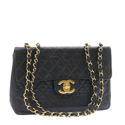 Chanel Big Matelasse New Chain Shoulder Bag Lamb Skin Black Gold Auth amgA