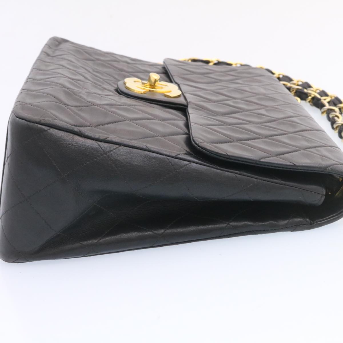 Chanel Big Matelasse New Chain Shoulder Bag Lamb Skin Black Gold Auth amgA