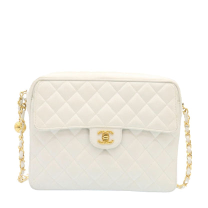 CHANEL Matelasse Chain Shoulder Bag Caviar Skin Gold White CC Auth am1370gA