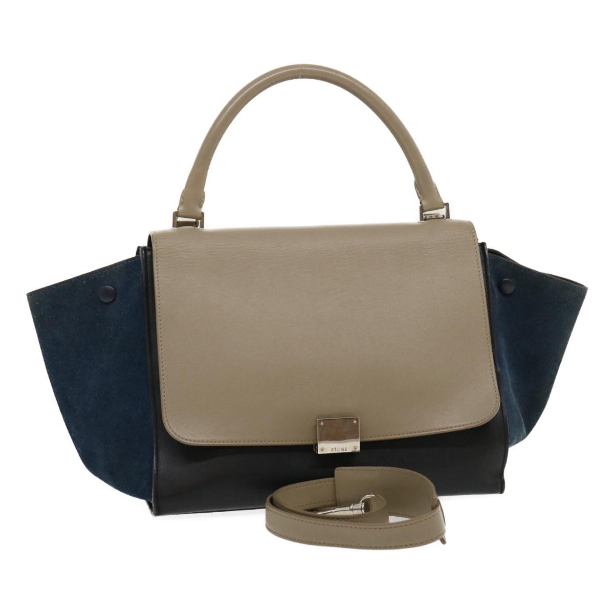 Celine Hand Bag Leather Suede Gray Navy  am2375g