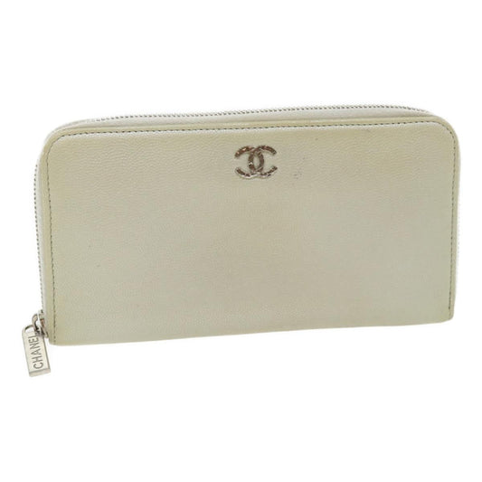 Chanel Caviar Skin Long Wallet Leather Silver CC Auth amg
