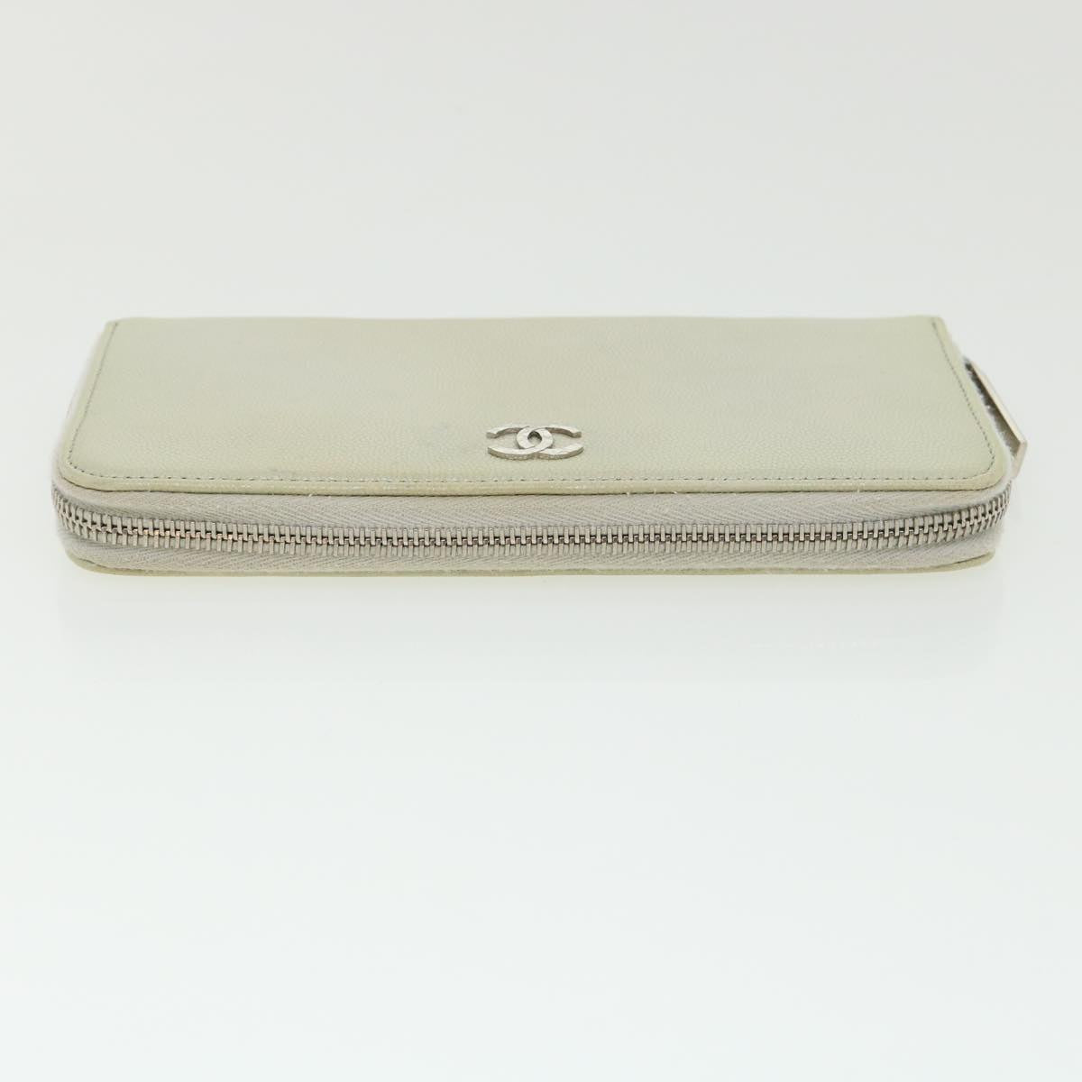 Chanel Caviar Skin Long Wallet Leather Silver CC Auth amg