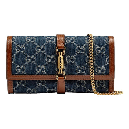 Gucci Jackie 1961 GG Monogram Blue Denim Leather Trim Chain Wallet