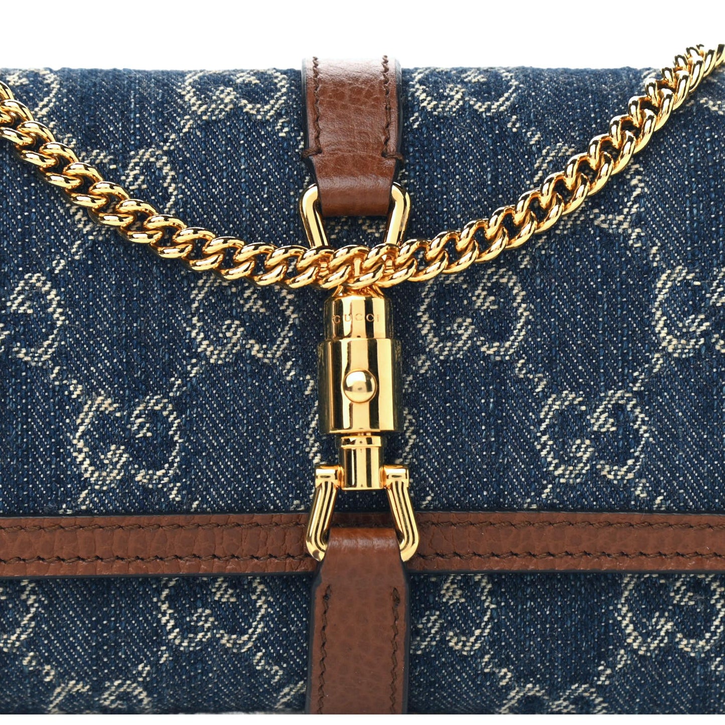 Gucci Jackie 1961 GG Monogram Blue Denim Leather Trim Chain Wallet