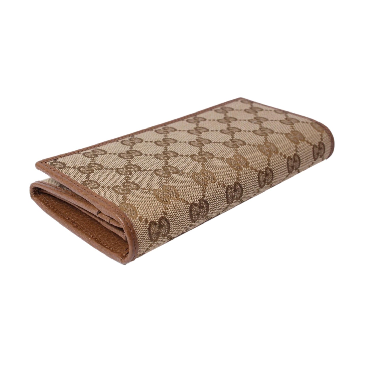 Gucci Original Beige GG Canvas Brown Leather Trim Long Wallet