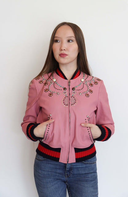 Gucci Bomber Jacket Pink Lambskin Studs IT42 SKC1889