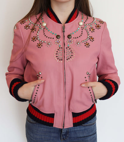 Gucci Bomber Jacket Pink Lambskin Studs IT42 SKC1889