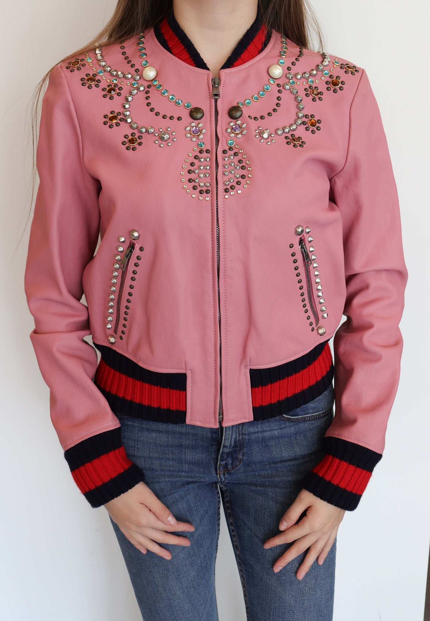 Gucci Bomber Jacket Pink Lambskin Studs IT42 SKC1889