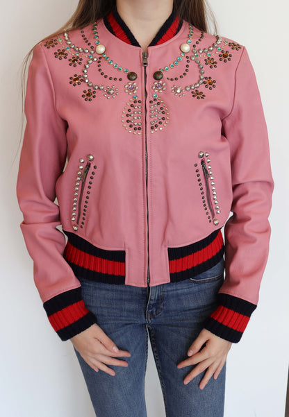 Gucci Bomber Jacket Pink Lambskin Studs IT42 SKC1889