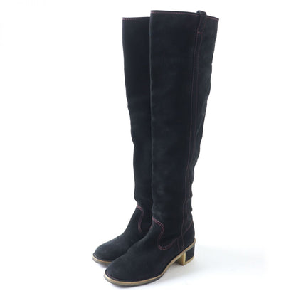 Chanel Suede Leather Long Boots, Black, Size 36
