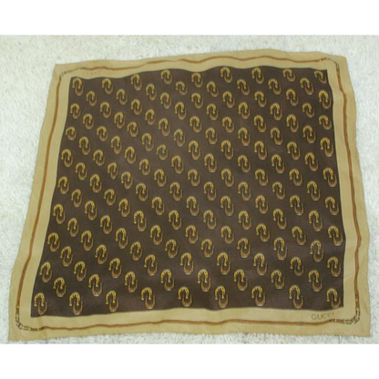 Gucci Tan Brown Horseshoe Logo Equestrian And Print Silk Scarf