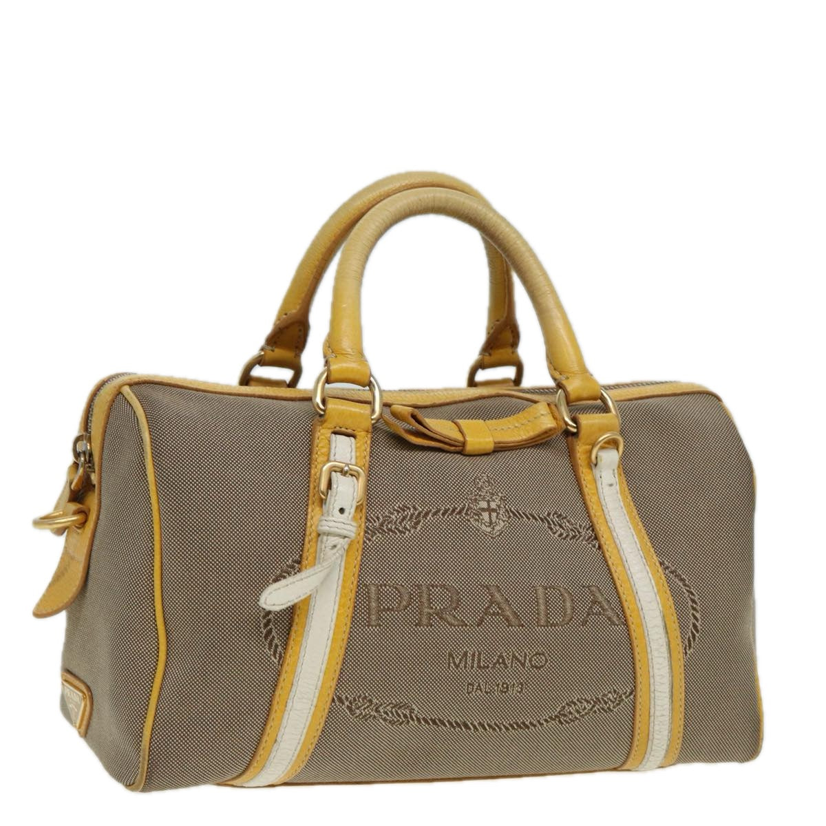 PRADA Hand Bag Canvas Beige Yellow Auth hk1503