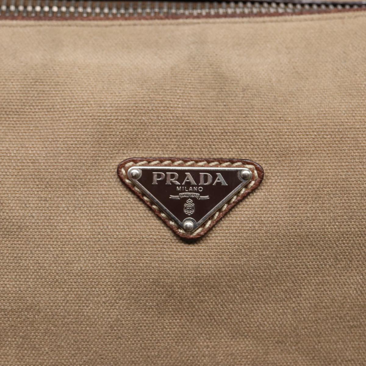 PRADA Shoulder Bag Canvas Leather Beige Brown Silver Auth hk1565